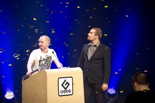 Teddy Sjöström and Robin Flodin receiving the Pwnage Awards for Dwarfs!, at the Gotland Game Awards 2010
