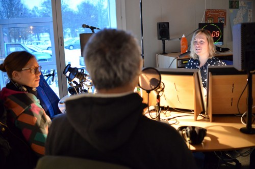 Ylva, Adam and reporter Helena Håkansson in her studio at Sveriges Radio Gotland