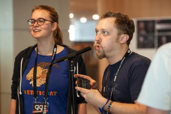 Jerry Belich playing Vertigoat on the Gotland Game Conference 2014 show floor