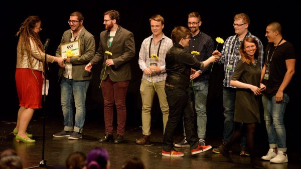 The F.R.A.U.S team receiving the Almedalen Library Award at Gotland Game Conference 2016